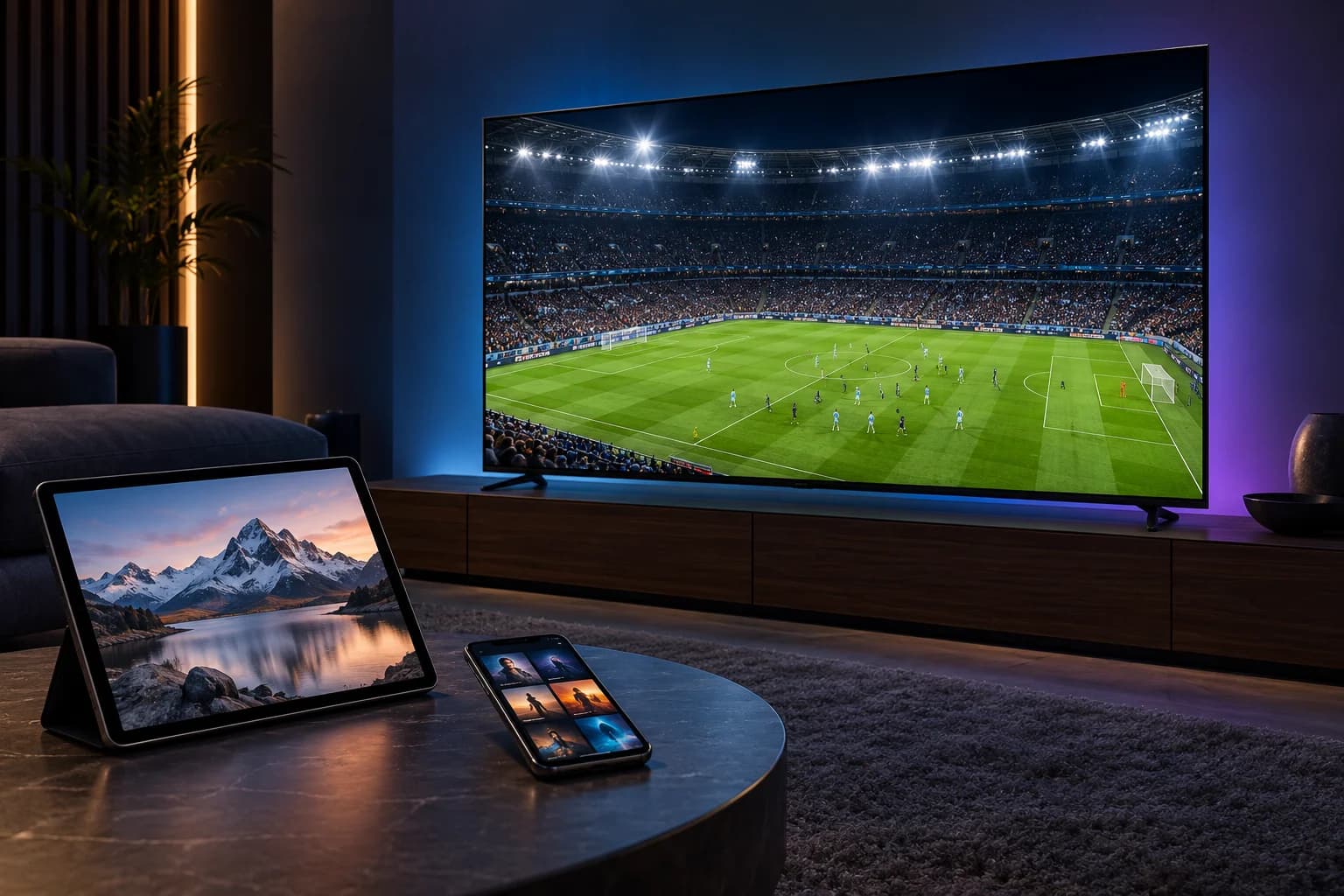 A premium home cinema with live football on a large television, alongside a tablet and smartphone